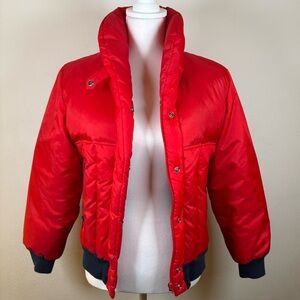 red vintage ski puffer jacket down feather cropped bomber